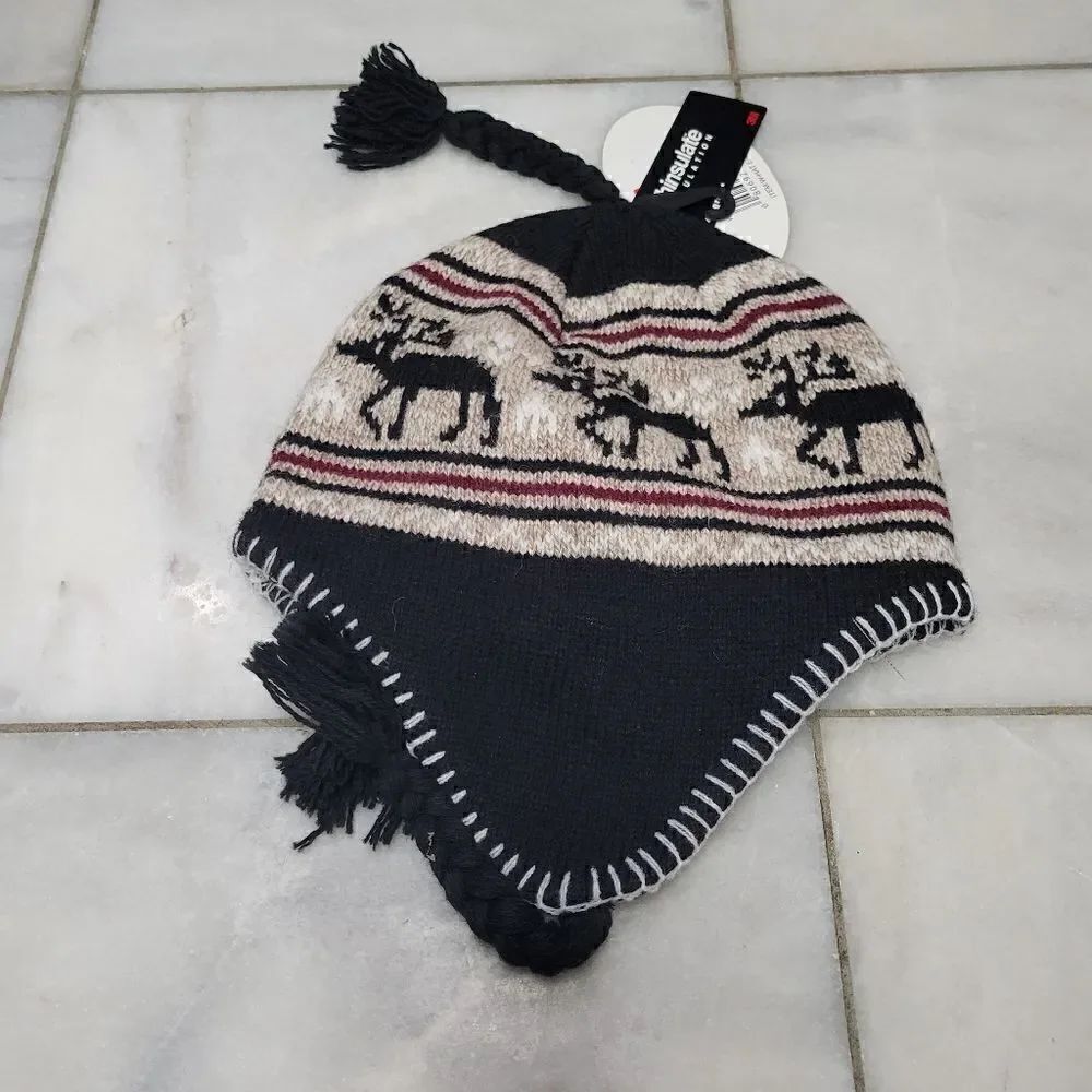NEW Buckhead Thinsulate Black Cream Fleece Lined Knit Winter Hat w/ Ear Flaps